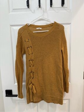 Mustard Lace-Up Knit Sweater